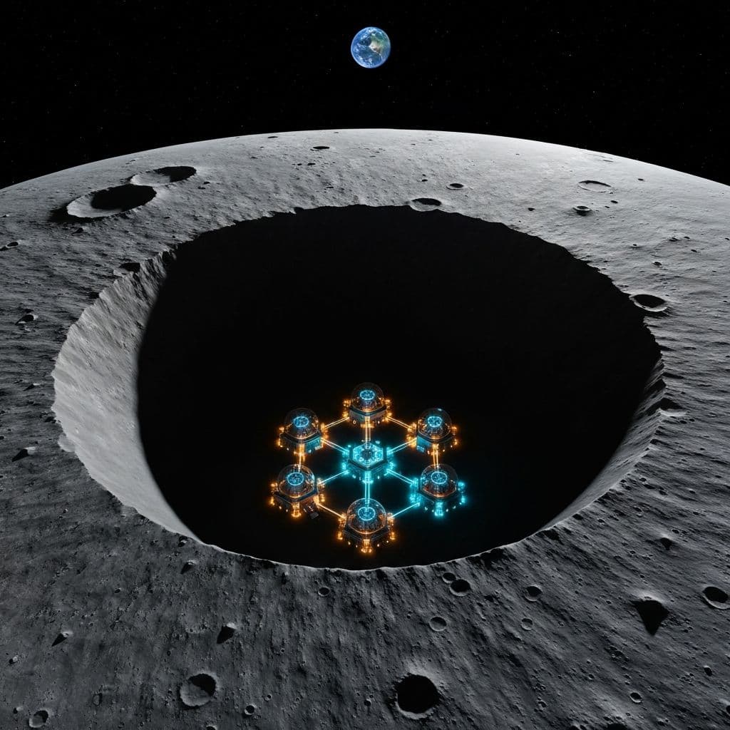 Orbital view of a quantum computing facility built inside a permanently shadowed lunar crater, glowing with amber and cyan lights